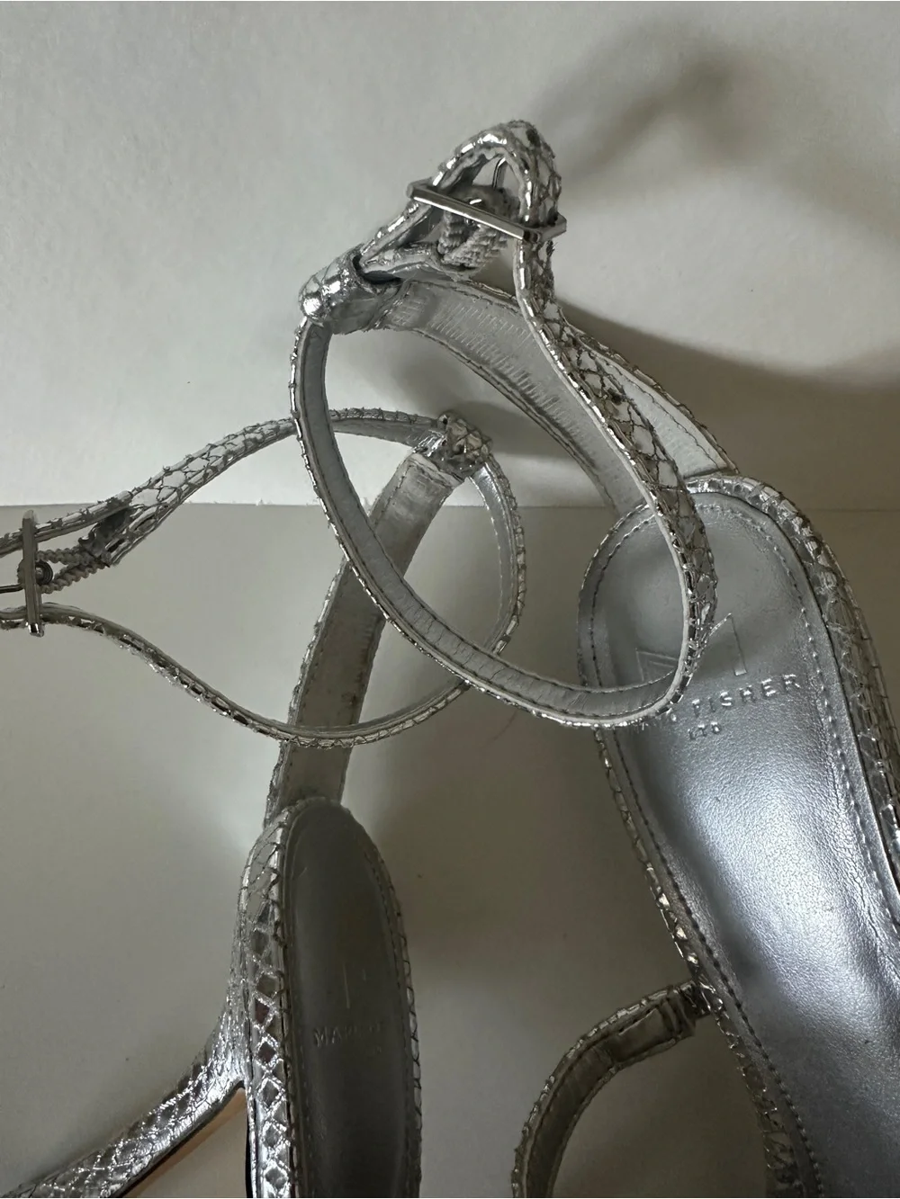 Marc Fisher Silver Metallic Square-Toe Ankle-Strap Heels